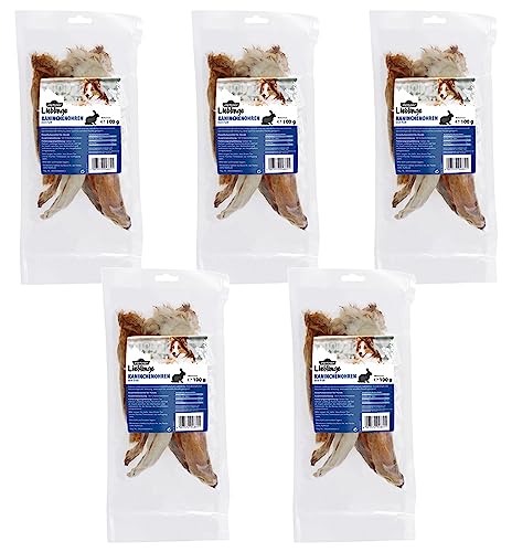 Dehner Lieblinge Hundesnack, Leckerli 100 % natürlich, Kausnack für ernährungssensible Hunde, Kaninchenohren mit Fell, 5 x 100 g (500 g) von Dehner