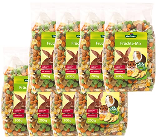 Dehner Nagersnack, Nagerfutter vitaminreich / mineralstoffreich, für Kaninchen / Nagetiere, Früchte-Mix mit Nüssen, 8 x 200 g (1.6 kg) von Dehner