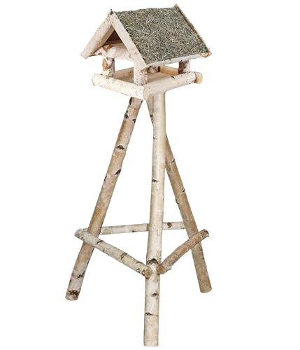 Dehner Natura Futterhaus Augsburg, Vogelhaus für Wildvögel/Gartenvögel mit Heudach, inkl. Ständer, 135 x 60 x 60 cm, Birkenholz/Heu von Dehner