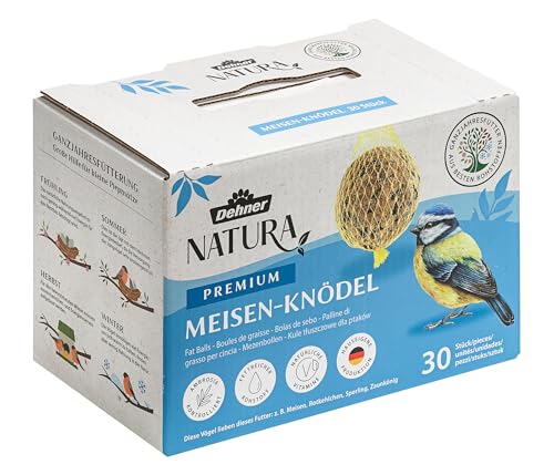 Dehner Natura Premium Meisenknödel mit Netz, ganzjähriges Wildvogelfutter proteinreich / energiereich, Vogelfutter für Wildvögel, 30 Stück je 90 g (2.7 kg), Karton aus FSC-zertifizierter Produktion von Dehner