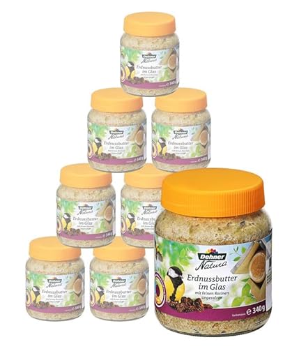 Dehner Natura Premium Wildvogelfutter, Erdnussbutter im Glas, Rosine, Ganzjahresfutter energiereich, hochwertiges Vogelfutter für Wildvögel, 8 x 340 g (2.72 kg) von Dehner