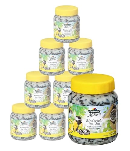 Dehner Natura Premium Wildvogelfutter, Rindertalg im Glas, Sonnenblumenkerne, Ganzjahresfutter energiereich / zuckerfrei, hochwertiges Vogelfutter für Wildvögel, 8 x 250 g (2 kg) von Dehner