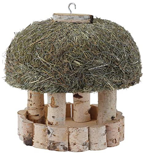 Dehner Natura Premium Wildvogel Futterhaus Stuttgart, Futterstation für Wildvögel mit Heudach, Vogelhaus hochwertig / hängend, inkl. Haken zum Aufhängen, ca. Ø29 cm, Birkenholz / Heu, natur von Dehner