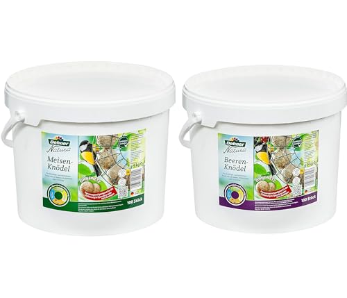 Dehner Natura Wildvogelfutter, Beeren-Knödel ohne Netz, 100 Stück (10 kg) & Natura Wildvogelfutter, Meisenknödel, ohne Netz, 100 Stück (10 kg) von Dehner