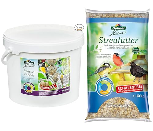 Dehner Natura Wildvogelfutter, Beeren-Knödel ohne Netz, 100 Stück (10 kg) & Natura Wildvogelfutter, schalenfreies Streufutter, 10 kg von Dehner