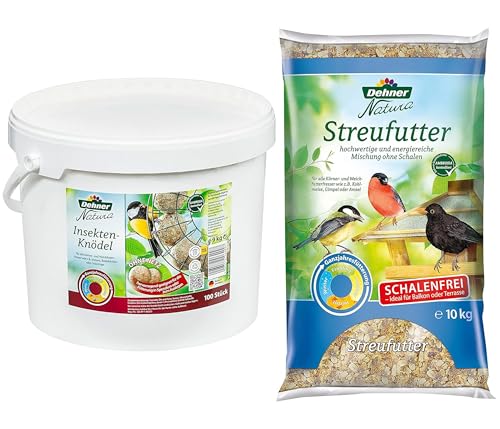 Dehner Natura Wildvogelfutter, Insekten-Knödel, ohne Netz, 100 Stück (10 kg) & Natura Wildvogelfutter, schalenfreies Streufutter, 10 kg von Dehner