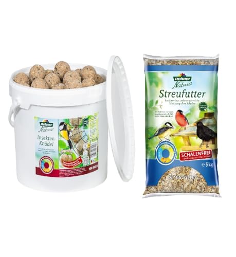 Dehner Natura Wildvogelfutter, Insekten-Knödel, ohne Netz, 100 Stück (9 kg) & Natura Wildvogelfutter, schalenfreies Streufutter, 5 kg von Dehner