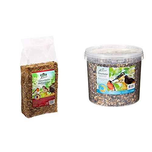 Dehner Natura Wildvogelfutter, Mehlwürmer getrocknet, 500 g & Natura Wildvogelfutter, Streufutter im Eimer, 3 kg von Dehner