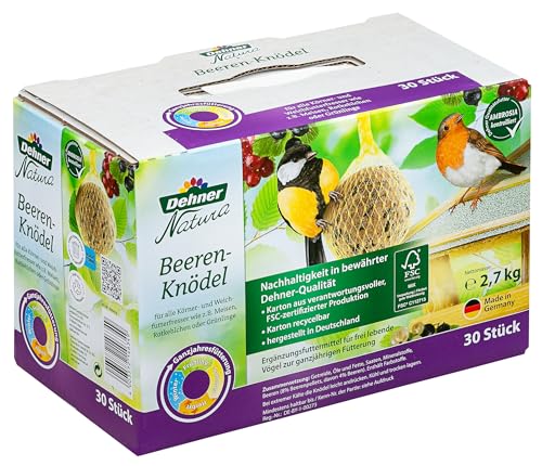 Dehner Natura Premium Meisenknödel mit Netz, Beerenknödel, ganzjähriges Wildvogelfutter proteinreich / energiereich, 30 Stück je 90 g (2.7 kg), Karton aus FSC-zertifizierter Produktion von Dehner