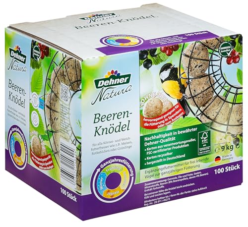 Dehner Natura Premium Meisenknödel ohne Netz, Beerenknödel, ganzjähriges Wildvogelfutter proteinreich / energiereich, Karton aus FSC®-zertifizierter Produktion, 100 Stück je 90 g (9 kg) von Dehner