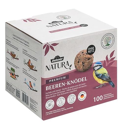 Dehner Natura Premium Meisenknödel ohne Netz, Beerenknödel, ganzjähriges Wildvogelfutter proteinreich / energiereich, 100 Stück je 90 g (9 kg), Karton aus FSC-zertifizierter Produktion von Dehner