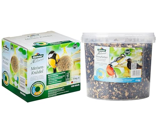 Dehner Natura Wildvogelfutter, Meisenknödel, Bio-Netz, im Karton, 100 Stück (10 kg) & Natura Wildvogelfutter, Streufutter im Eimer, 3 kg von Dehner