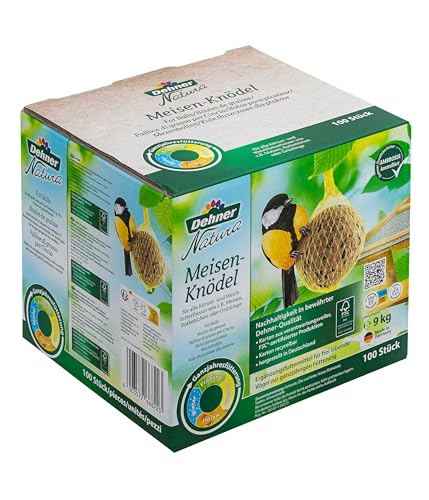 Dehner Natura Premium Meisenknödel mit Netz, ganzjähriges Wildvogelfutter proteinreich / energiereich, Vogelfutter für Wildvögel, 100 Stück je 90 g (9 kg), Karton aus FSC-zertifizierter Produktion von Dehner