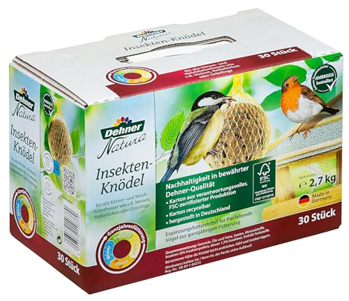 Dehner Natura Premium Meisenknödel mit Netz, Insektenknödel, ganzjähriges Wildvogelfutter proteinreich / energiereich, 30 Stück je 90 g (2.7 kg), Karton aus FSC-zertifizierter Produktion von Dehner