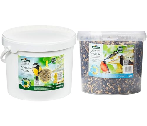 Dehner Natura Wildvogelfutter, Meisenknödel, mit Netz, 100 Stück (10 kg) & Natura Wildvogelfutter, Streufutter im Eimer, 3 kg von Dehner