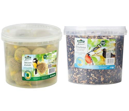 Dehner Natura Wildvogelfutter, Meisenknödel, mit Netz, 30 Stück (3 kg) & Natura Wildvogelfutter, Streufutter im Eimer, 3 kg von Dehner