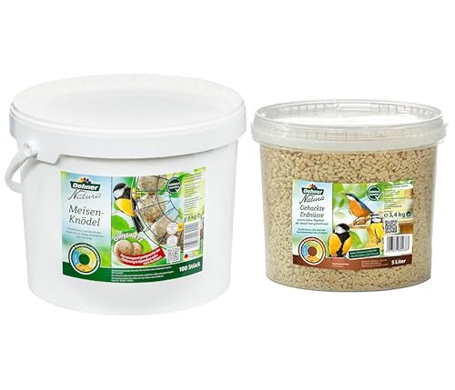 Dehner Natura Wildvogelfutter, Meisenknödel, ohne Netz, 100 Stück (9 kg) & Natura Wildvogelfutter, gehackte Erdnüsse, 5 l (3.4 kg) von Dehner