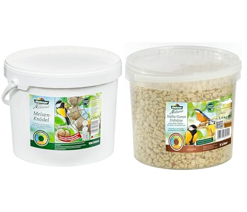 Dehner Natura Wildvogelfutter, Meisenknödel, ohne Netz, 100 Stück (10 kg) & Natura Wildvogelfutter, halbe/ganze Erdnüsse, 5 l (3.4 kg) von Dehner