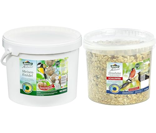 Dehner Natura Wildvogelfutter, Meisenknödel, ohne Netz, 100 Stück (10 kg) & Natura Wildvogelfutter, schalenfreies Streufutter, 3.6 kg von Dehner