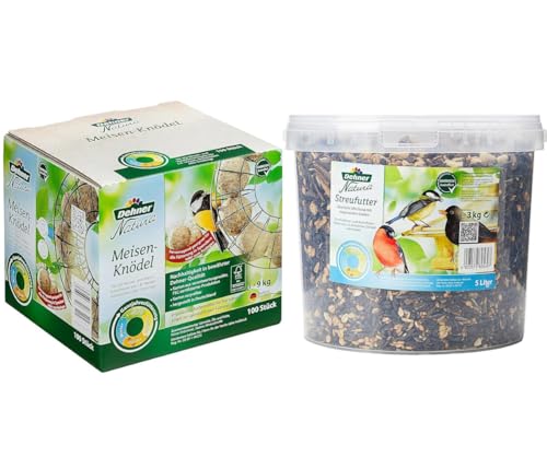 Dehner Natura Wildvogelfutter, Meisenknödel, ohne Netz, im Karton, 100 Stück (10 kg) & Natura Wildvogelfutter, Streufutter im Eimer, 3 kg von Dehner