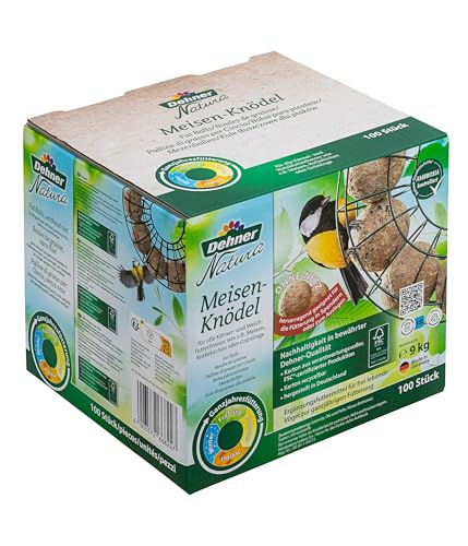 Dehner Natura Premium Meisenknödel ohne Netz, ganzjähriges Wildvogelfutter proteinreich / energiereich, Vogelfutter für Wildvögel, 100 Stück je 90 g (9 kg), Karton aus FSC-zertifizierter Produktion von Dehner