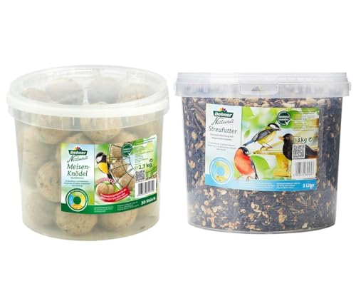 Dehner Natura Wildvogelfutter, Meisenknödel ohne Netz, 30 Stück (3 kg) & Natura Wildvogelfutter, Streufutter im Eimer, 3 kg von Dehner