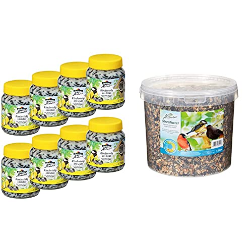 Dehner Natura Wildvogelfutter, Rindertalg im Glas, mit Sonnenblumenkernen, 8 x 250 g (2 kg) & Natura Wildvogelfutter, Streufutter im Eimer, 3 kg von Dehner