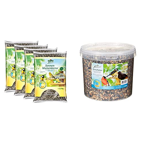 Dehner Natura Wildvogelfutter, Sonnenblumenkerne, 4 x 2.5 kg (10 kg) & Natura Wildvogelfutter, Streufutter im Eimer, 3 kg von Dehner