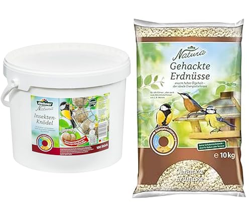 Dehner Natura Wildvogelfutter, gehackte Erdnüsse, 10 kg & Natura Wildvogelfutter, Insekten-Knödel, ohne Netz, 100 Stück (10 kg) von Dehner