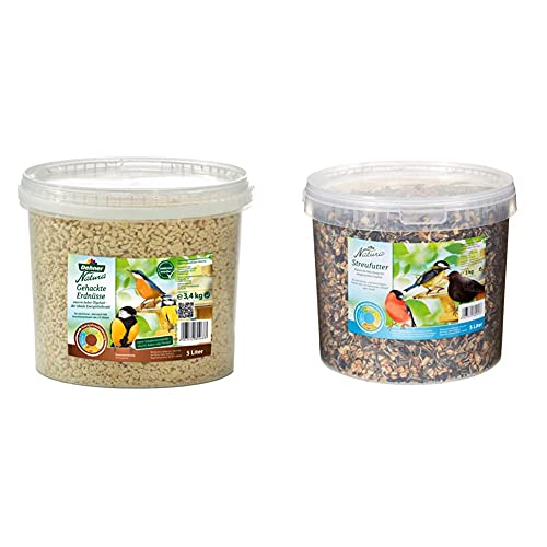 Dehner Natura Wildvogelfutter, gehackte Erdnüsse, 5 l (3.4 kg) & Natura Wildvogelfutter, Streufutter im Eimer, 3 kg von Dehner