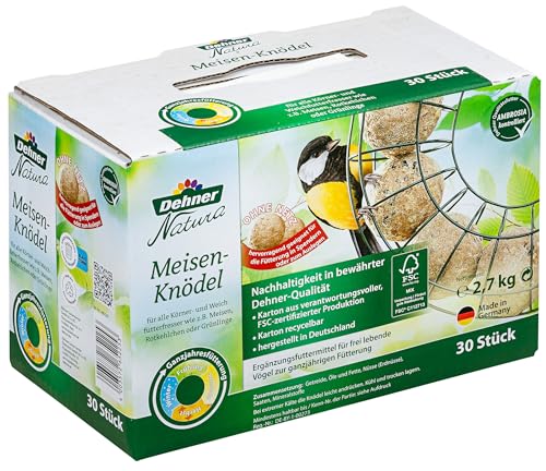 Dehner Natura Premium Meisenknödel ohne Netz, ganzjähriges Wildvogelfutter proteinreich / energiereich, Vogelfutter für Wildvögel, Karton aus FSC®-zertifizierter Produktion, 30 Stück je 90 g (2.7 kg) von Dehner