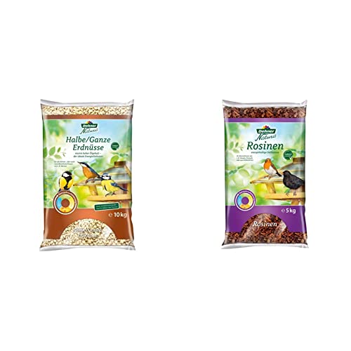 Dehner Natura Wildvogelfutter, halbe/ganze Erdnüsse, 10 kg & Natura Wildvogelfutter, Rosinen, 5 kg von Dehner