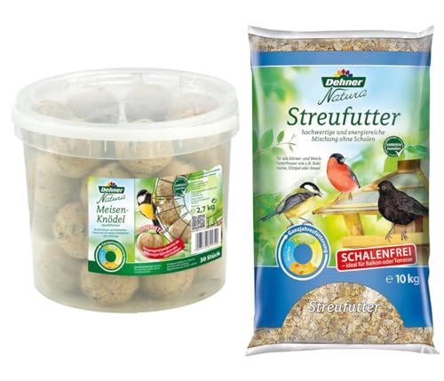 Dehner Natura Wildvogelfutter, schalenfreies Streufutter, 10 kg & Natura Wildvogelfutter, Meisenknödel ohne Netz, 30 Stück (3 kg) von Dehner