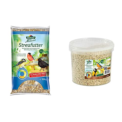 Dehner Natura Wildvogelfutter, schalenfreies Streufutter, 10 kg & Natura Wildvogelfutter, halbe/ganze Erdnüsse, 5 l (3.4 kg) von Dehner