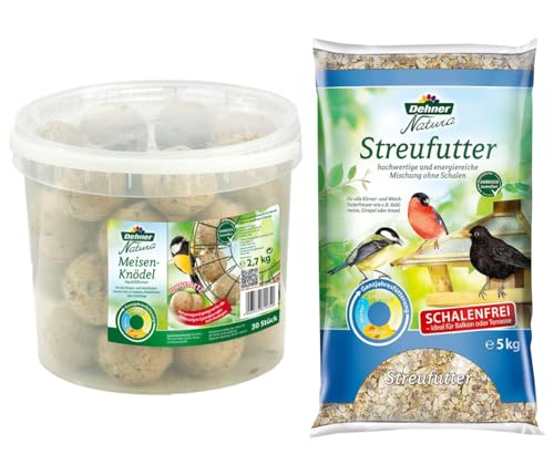 Dehner Natura Wildvogelfutter, schalenfreies Streufutter, 5 kg & Natura Wildvogelfutter, Meisenknödel ohne Netz, 30 Stück (3 kg) von Dehner