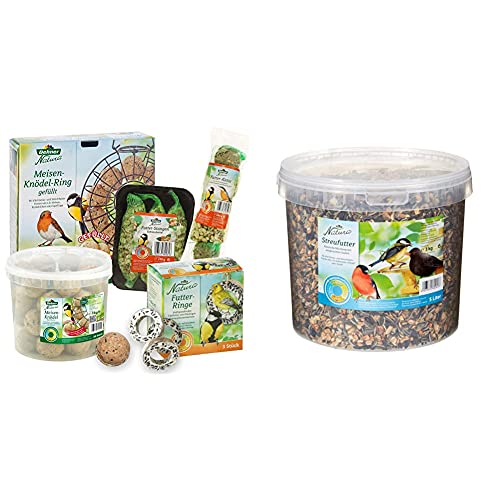 Dehner Natura Wildvogelfutter Starterset, Meisenknödel-Ring und Futtermix, 5-teilig & Natura Wildvogelfutter, Streufutter im Eimer, 3 kg von Dehner