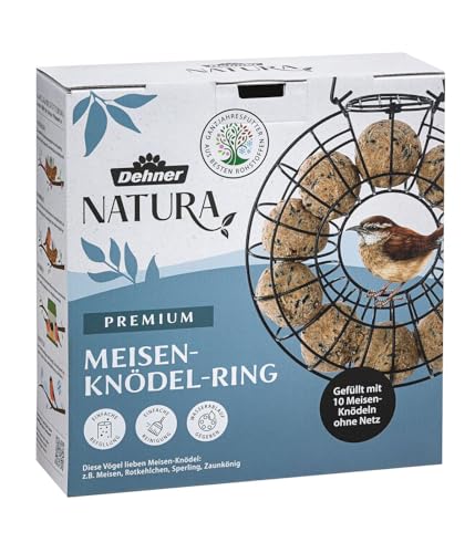 Dehner Natura Premium Wildvogel Meisenknödelring gefüllt, Futterstation inkl. 10 Meisenknödel ohne Netz, ganzjähriges Wildvogelfutter fettreich / energiereich, Metall, ca. Ø 24.5 cm von Dehner