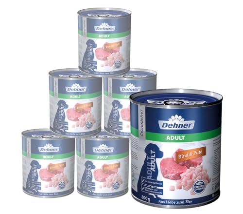 Dehner Premium Hundefutter, Nassfutter getreidefrei, für ausgewachsene Hunde, Rind / Pute, 6 x 800 g Dose (4.8 kg) von Dehner