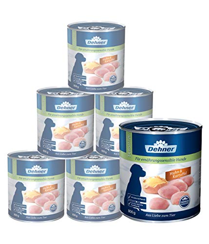 Dehner Premium Hundefutter Sensitive, Nassfutter zuckerfrei / getreidefrei, für ausgewachsene ernährugssensible Hunde, Huhn / Kartoffel, 6 x 800 g Dose (4.8 kg) von Dehner