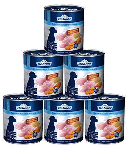 Dehner Premium Hundefutter Light, Nassfutter fettreduziert, für übergewichtige Hunde, Huhn / Karotte, 6 x 800 g Dose (4.8 kg) von Dehner