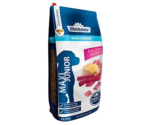 Dehner Premium Hundefutter Maxi Junior, Trockenfutter getreidefrei, für Welpen und junge Hunde großer Rassen, Ente / Lamm / Kartoffel, 12.5 kg von Dehner