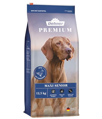 Dehner Premium Hundefutter Maxi Senior, Trockenfutter getreidefrei, für ältere Hunde großer Rassen, Ente / Lamm / Kartoffel, 12.5 kg von Dehner