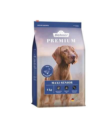 Dehner Premium Hundefutter Maxi Senior, Trockenfutter getreidefrei, für ältere Hunde großer Rassen, Ente / Lamm / Kartoffel, 4 kg von Dehner