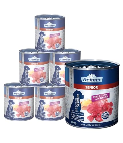 Dehner Premium Hundefutter, Nassfutter getreidefrei, für ältere Hunde, Rind / Lamm / Kartoffel, 6 x 800 g Dose (4.8 kg) von Dehner