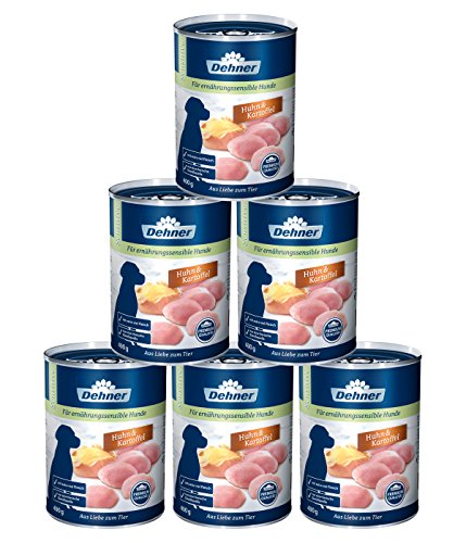 Dehner Premium Hundefutter Sensitive, Nassfutter zuckerfrei / getreidefrei, für ausgewachsene ernährugssensible Hunde, Huhn / Kartoffel, 6 x 400 g Dose (2.4 kg) von Dehner