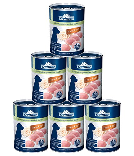 Dehner Premium Hundefutter Sensitive, Nassfutter zuckerfrei / getreidefrei, für ausgewachsene ernährugssensible Hunde, Huhn / Reis, 6 x 400 g Dose (2.4 kg) von Dehner