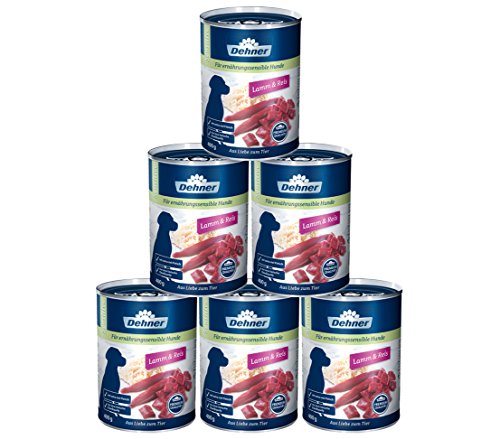 Dehner Premium Hundefutter Sensitive, Nassfutter zuckerfrei / getreidefrei, für ausgewachsene ernährugssensible Hunde, Lamm / Reis, 6 x 400 g Dose (2.4 kg) von Dehner