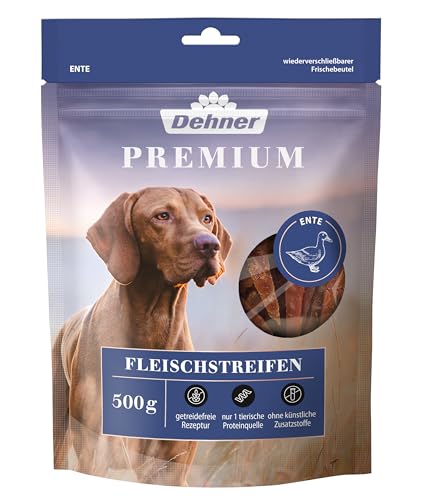 Dehner Premium Hundesnack, Leckerli getreidefrei / fettarm, Kausnack für ausgewachsene Hunde, Entenbrustfilet in Streifen, 500 g von Dehner