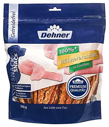 Dehner Premium Hundesnack, Leckerli getreidefrei / fettarm, Kausnack für ausgewachsene Hunde, Hühnerbrustfilet in Streifen, 500 g von Dehner