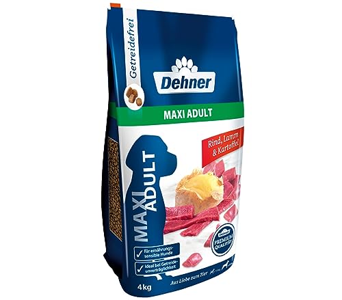 Dehner Premium Hundefutter Maxi Adult, Trockenfutter getreidefrei, für ausgewachsene Hunde großer Rassen, Rind / Lamm / Kartoffel, 4 kg von Dehner